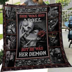 Skull Husband And Wife She Was His Angel Quilt Blanket Great Customized Gifts For Birthday Christmas Thanksgiving Wedding ValentineS Day and Home Decor
