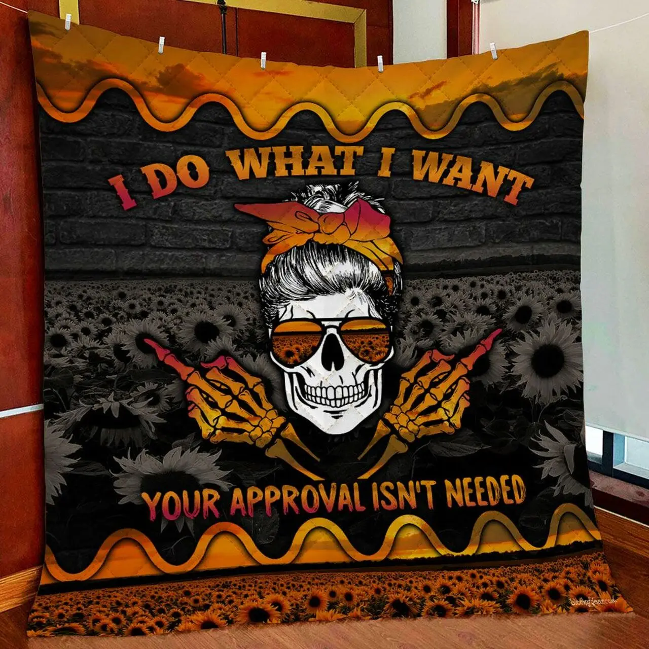 Skull Lady I Do What I Want Sunflower Quilt Blanket and Home Decor