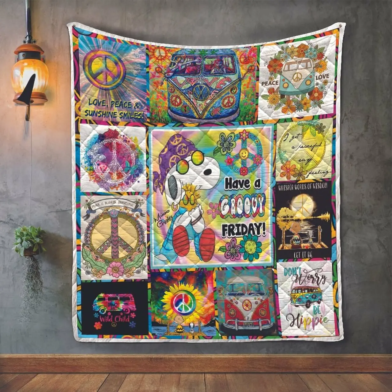 Snoopy Have A Groovy Friday With Peace Symbol Groovy Flowers And Tie Die Color Quilt and Home Decor