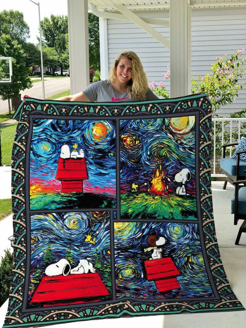 Snoopy Starry Night Style Quilt Blanket - Best Gifts For Fans, Birthday and Home Decor