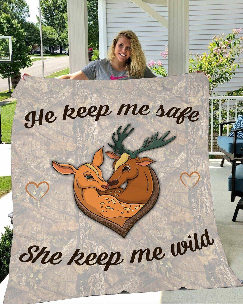Soft Throw Beautiful Deer Quilt, Gift For Deer Hunter, He Keep Me Safe She Keep Me Wild Premium Quilt and Home Decor