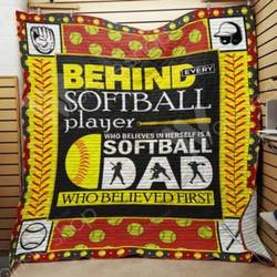 Softball Dad Behind Every Softball Player Quilt Blanket Great Customized Gifts For Birthday Christmas Thanksgiving Perfect Gifts For Softball Lover and Home Decor