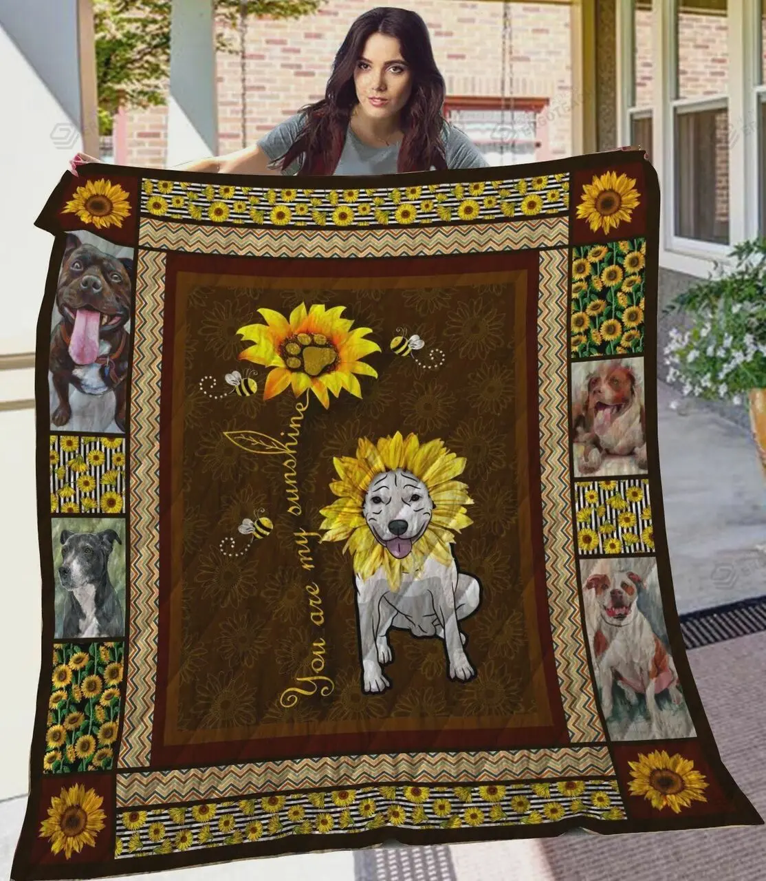 Sunflower American Pit Bull Terrier Quilt Blanket Great Customized Blanket Gifts For Birthday Christmas Thanksgiving and Home Decor