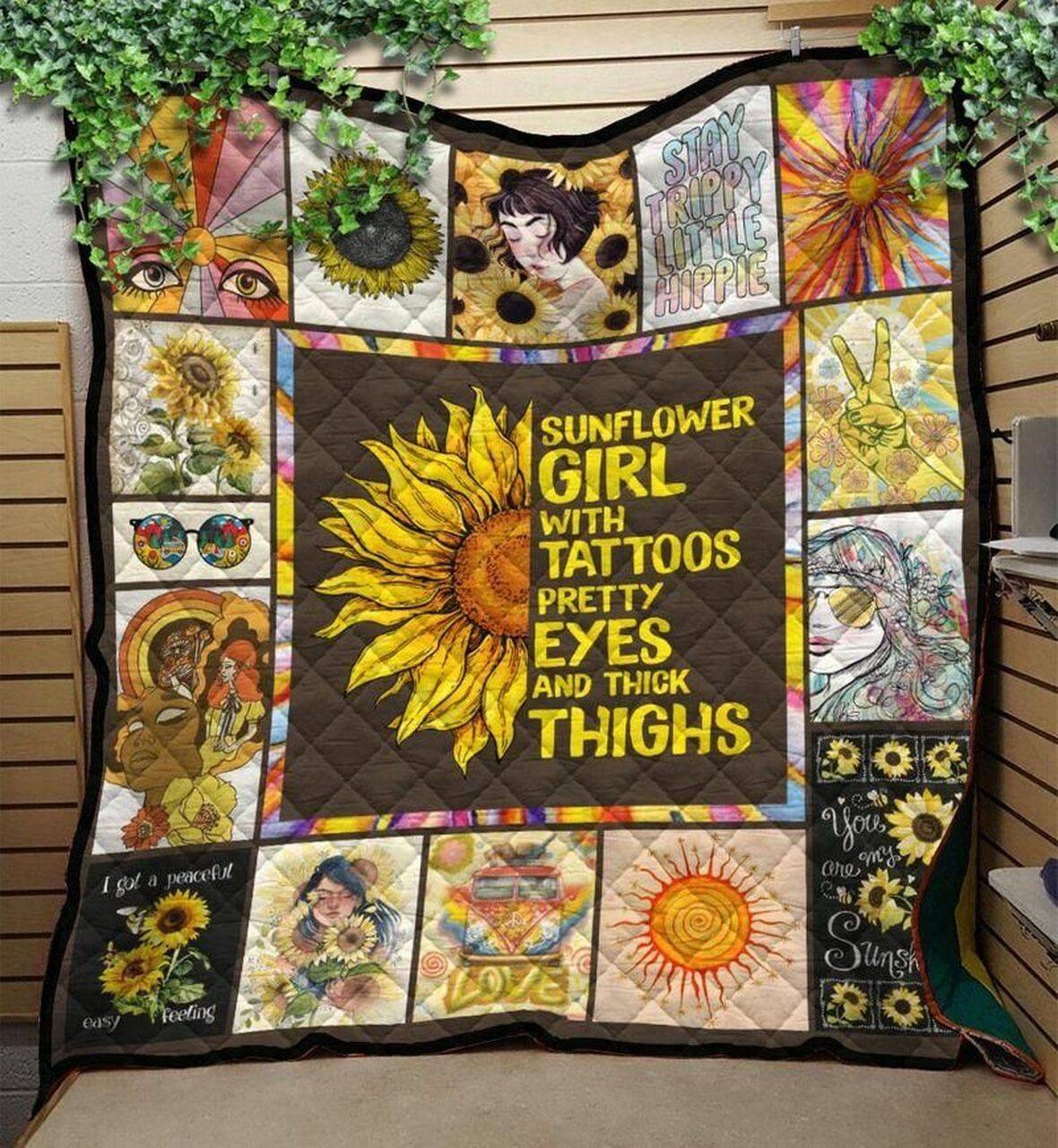 Sunflower Girl With Pretty Eyes Hippie Style Quilt Blanket Great Customized Blanket Gifts For Birthday Christmas Thanksgiving and Home Decor