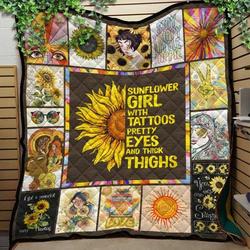 Sunflower Girl With Pretty Eyes Hippie Style Quilt Blanket Great Customized Blanket Gifts For Birthday Christmas Thanksgiving and Home Decor