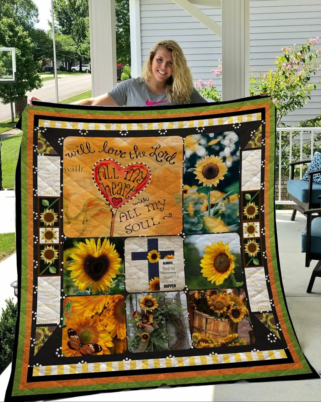 Sunflower I Will Love Lord Quilt Blanket Quilt and Home Decor