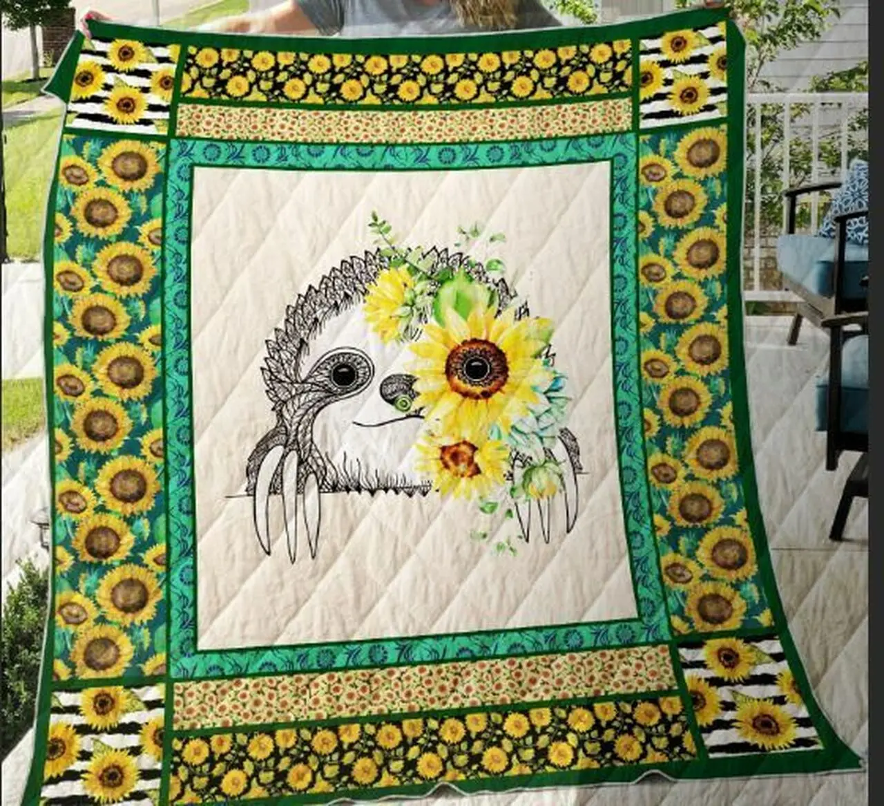 Sunflower Sloth Quilt Blanket and Home Decor