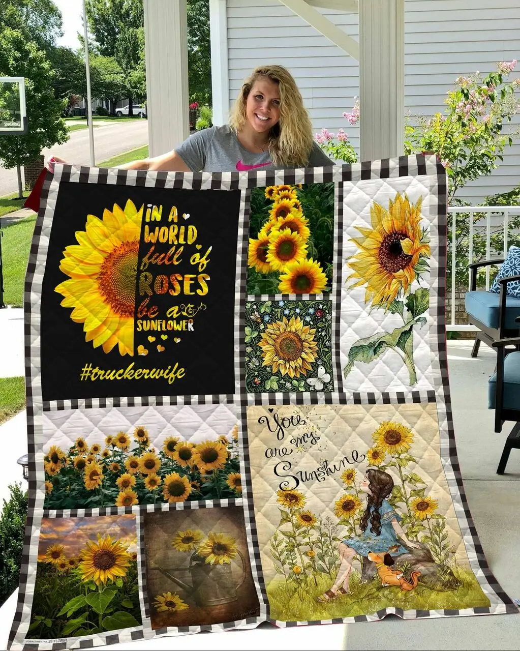Sunflower Trucker Wife Quilt Blanket Great Customized Gifts For Birthday Christmas Thanksgiving Perfect Gifts For Sunflower Lover and Home Decor