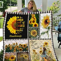 Sunflower Trucker Wife Quilt Blanket Great Customized Gifts For Birthday Christmas Thanksgiving Perfect Gifts For Sunflower Lover and Home Decor