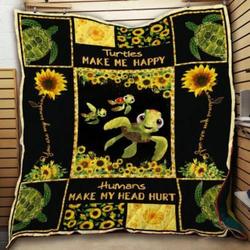 Sunflower Turtles Make Me Happy Quilt Blanket Great Customized Gifts For Birthday Christmas Thanksgiving Perfect Gifts For Sunflower Lover and Home Decor