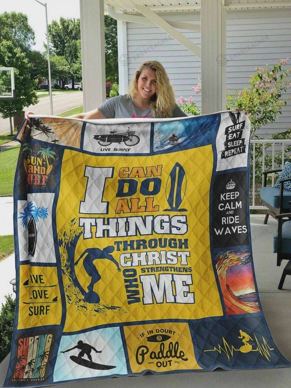 Surfing I Can Do All Things Through Christ Who Strengthens Me Quilt Blanket Great Customized Blanket Gifts For Birthday Christmas Thanksgiving and Home Decor
