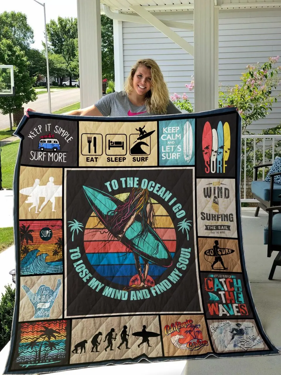 Surfing To The Ocean I Go To Lose My Mind And Find My Soul Quilt Blanket Great Customized Blanket Gifts For Birthday Christmas Thanksgiving and Home Decor