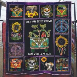 T-Rex On A Dark Desert Highway Cool Wind In My Hair Hippie Girl In Peace Symbol Van Quilt and Home Decor