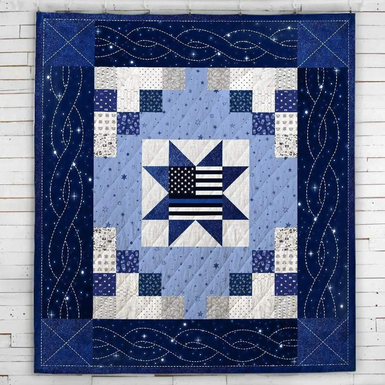 Thin Blue Line Swirl Patterned Blanket Quilt and Home Decor