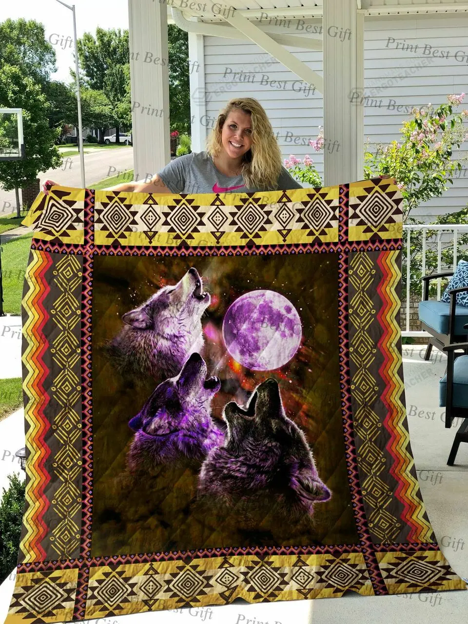 Three Wolves Under The Moon Quilt Blanket Great Customized Blanket Gifts For Birthday Christmas Thanksgiving and Home Decor