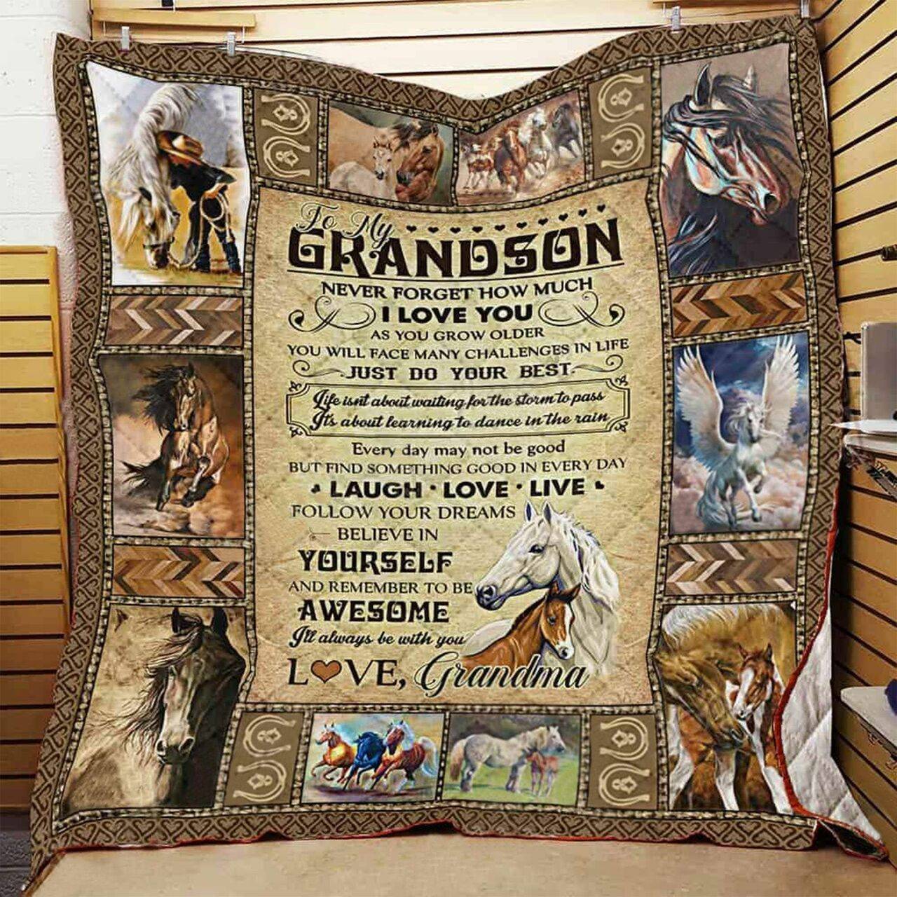 To Grandson Horse Animal Patterned Quilt Blanket For Grandson, Gift From Grandma Family Gift Ideas Cozy Fleece Blanket, Sherpa Blanket and Home Decor