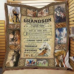 To Grandson Horse Animal Patterned Quilt Blanket For Grandson, Gift From Grandma Family Gift Ideas Cozy Fleece Blanket, Sherpa Blanket and Home Decor