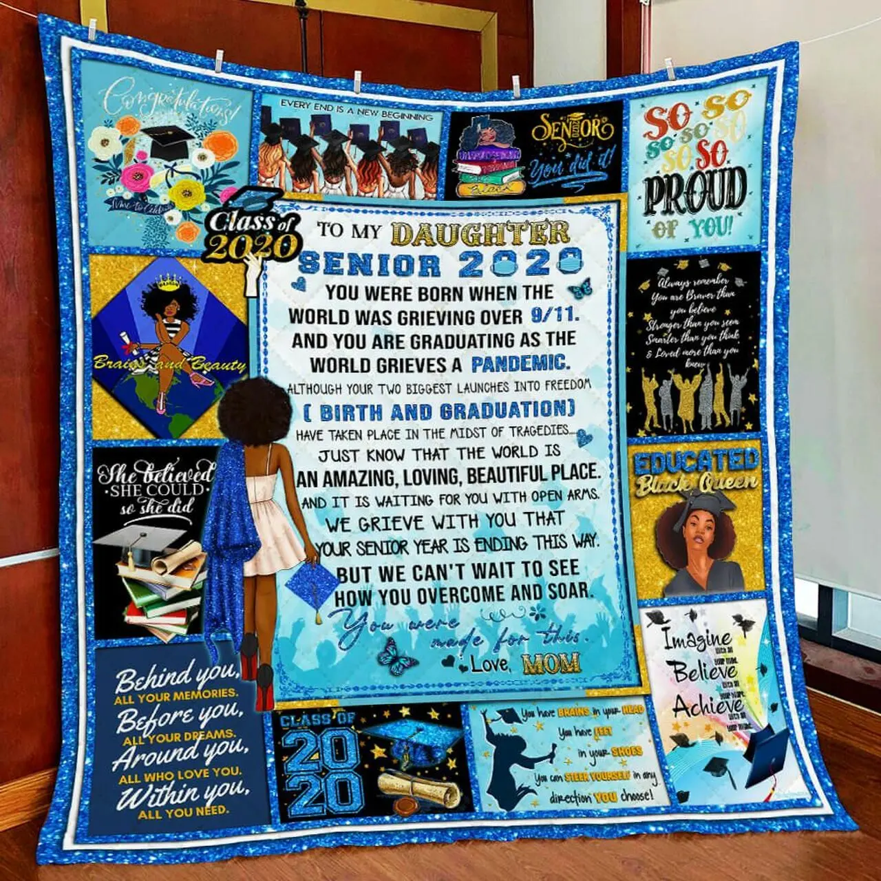 To My Daughter, Senior, Love Mom, Black Woman Quilt Blanket and Home Decor