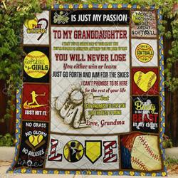 To My Granddaughter Grandma Softball Play With Heart Quilt Blanket and Home Decor