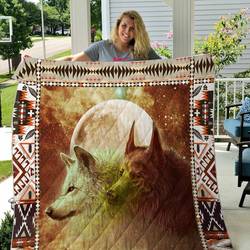Two Wolves And The Moon Quilt Blanket and Home Decor