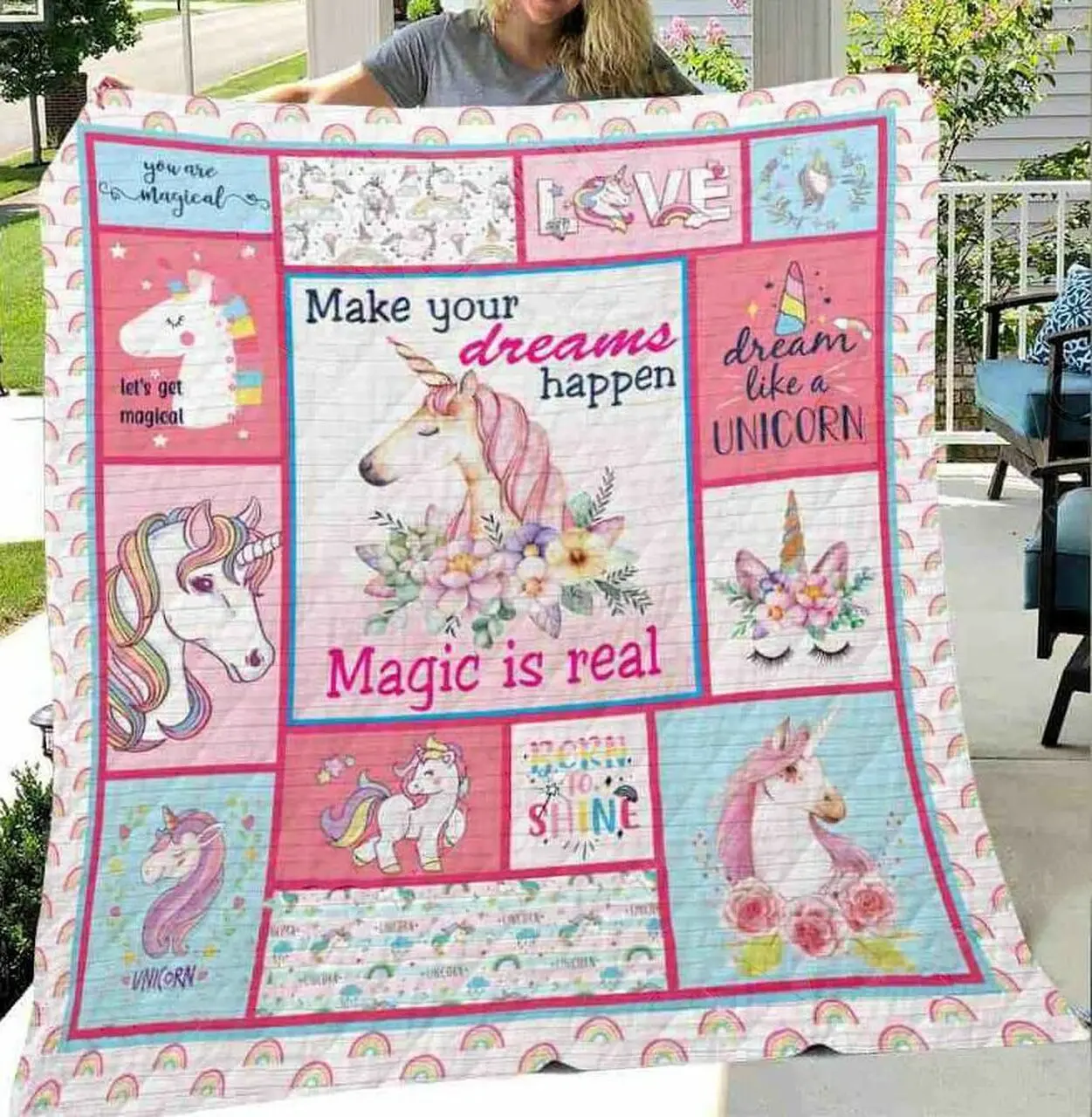 Unicorn Make Your Dream Happens Magic Is Real Quilt Blanket Great Customized Blanket Gifts For Birthday Christmas Thanksgiving and Home Decor