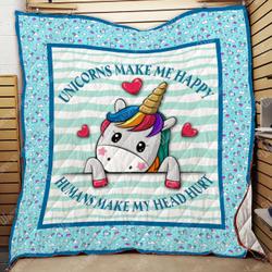 Unicorns Make Me Happy Quilt Kp25 Blue and Home Decor
