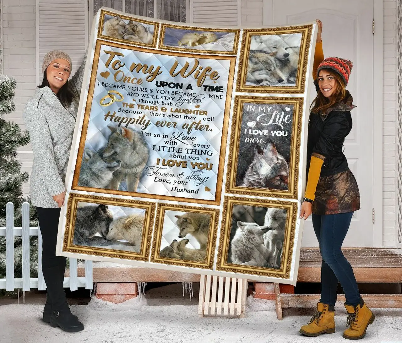 Viticstore Adorable Couple Wolf Gift To Wife- Golden Shade- Soft Kingsize Quilt and Home Decor