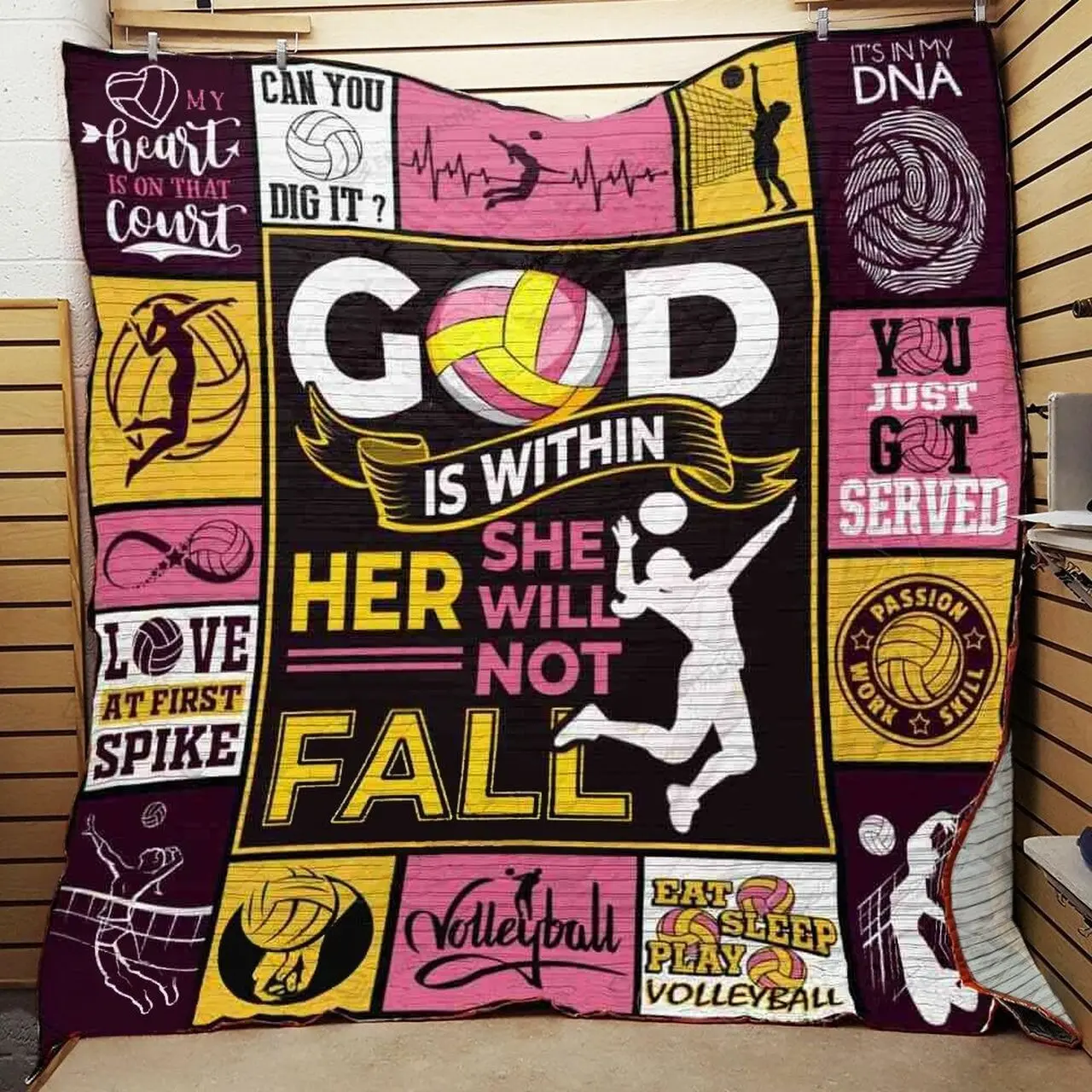 Volleyball God Is Within Her She Will Not Fall Quilt Blanket Great Customized Blanket Gifts For Birthday Christmas Thanksgiving and Home Decor