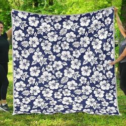 White Blue Hibiscus Floral Cl17100698Mdq Quilt Blanket and Home Decor