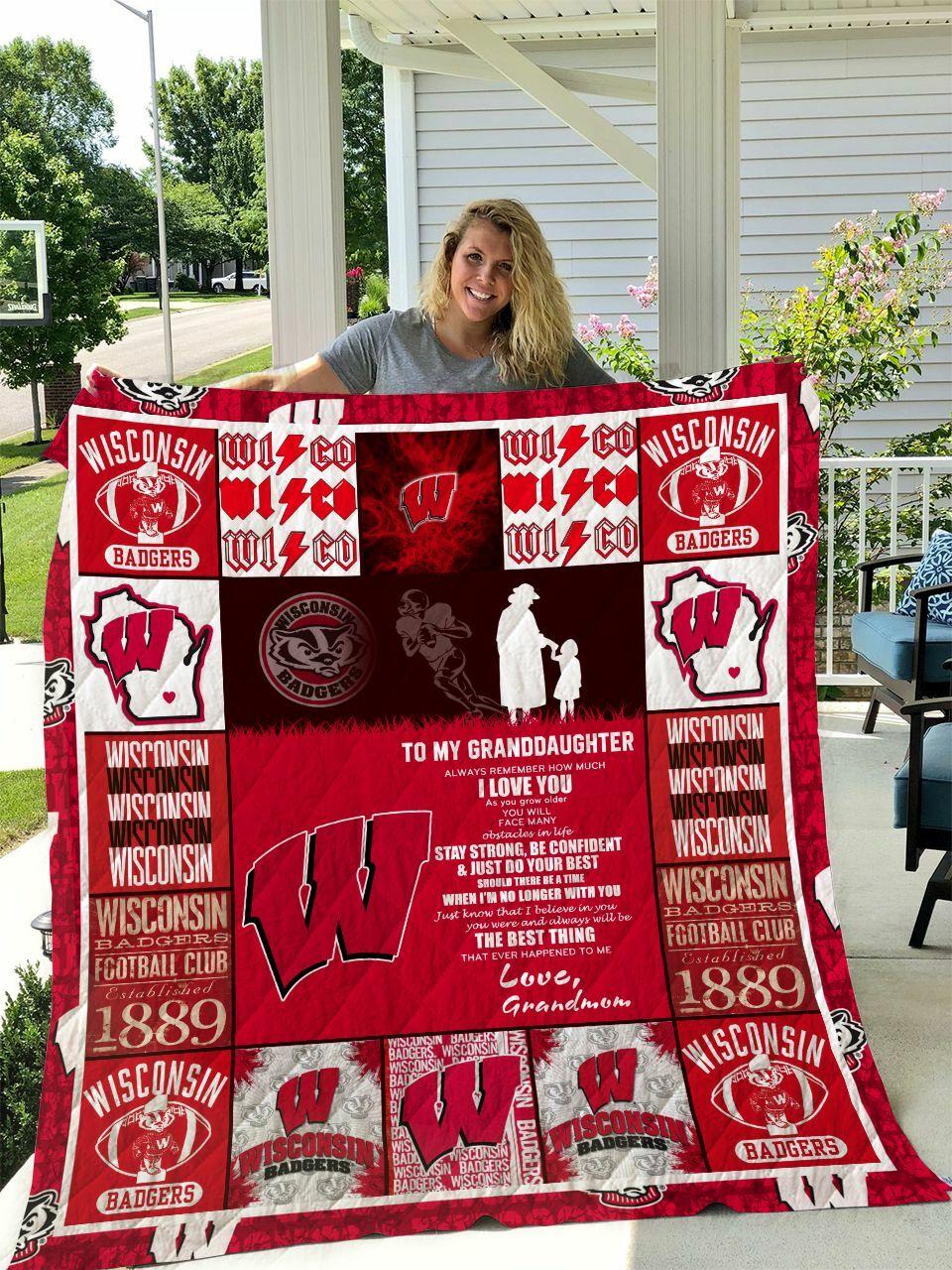 Wisconsin Badgers To My Granddaughter Love Grandmom Quilt Blanket and Home Decor