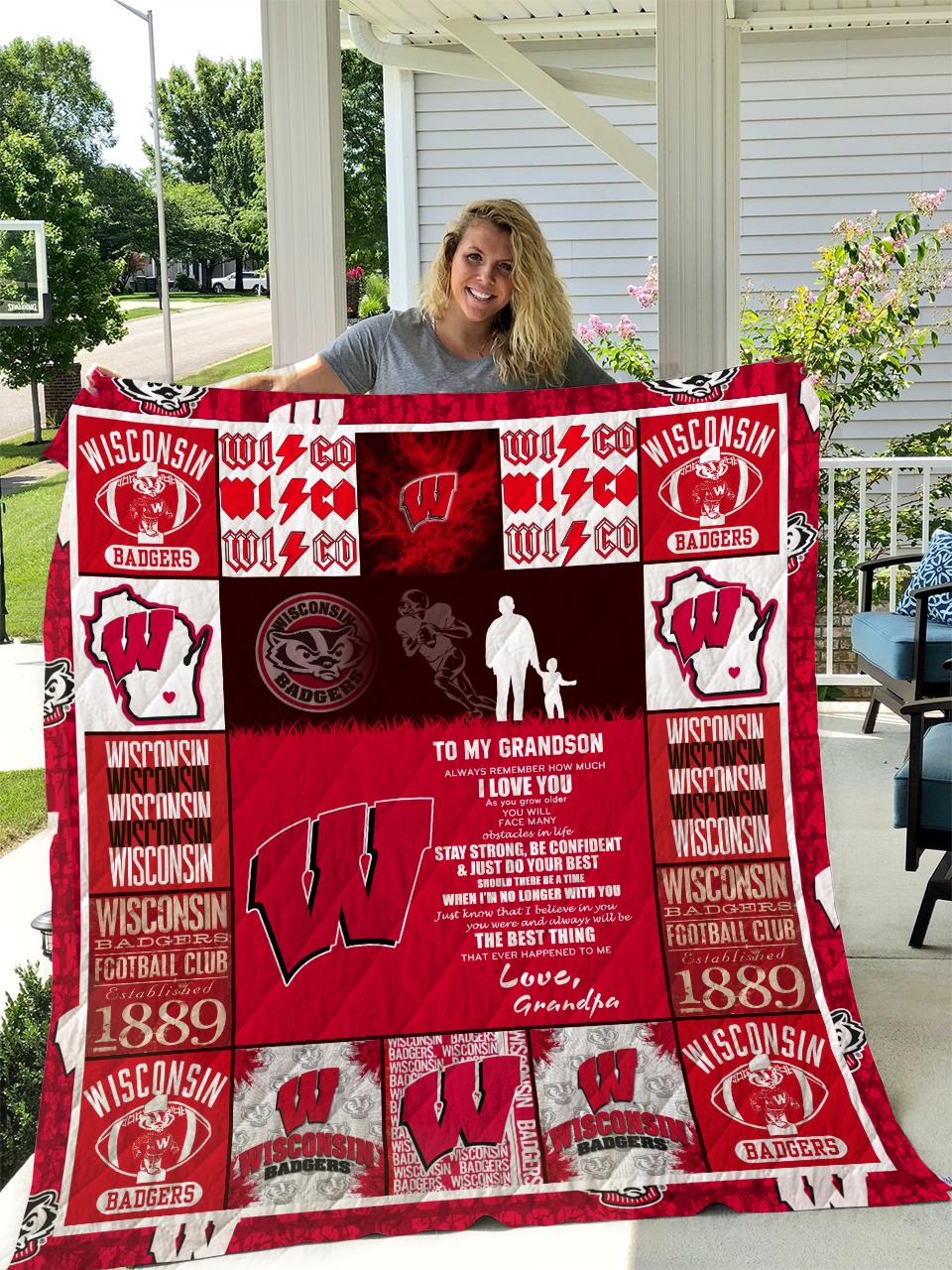 Wisconsin Badgers - To My Grandson - Love Grandpa Quilt and Home Decor