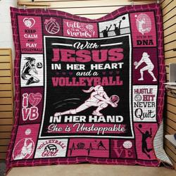 With Jesus In Her Heart Volleyball In Her Hand SheS Unstoppable Quilt Blanket Great Customized Blanket Gifts For Birthday Christmas Thanksgiving and Home Decor