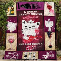 Woman Wine And Cat Blanket Kc1707 Quilt and Home Decor