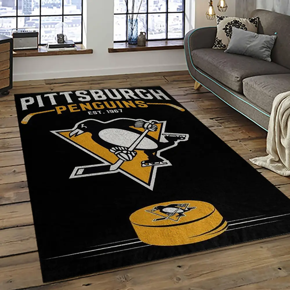 NHL Pittsburgh Penguins Hockey Team Logo Sport Carpet Rectangle Area Rug For Living Room PP02