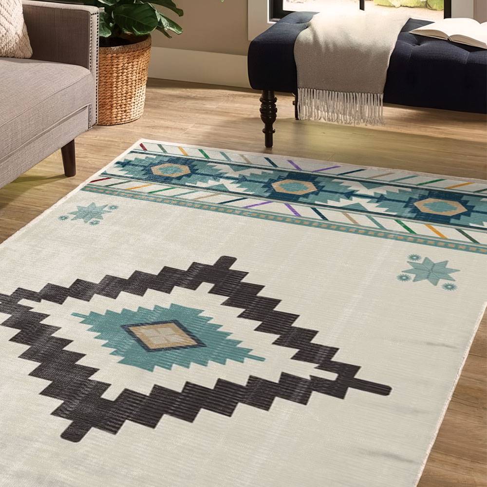 Boho Diamond Aztec Area Rug Pattern Blue Beige LUX70