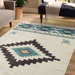 Boho Diamond Aztec Area Rug Pattern Blue Beige LUX70