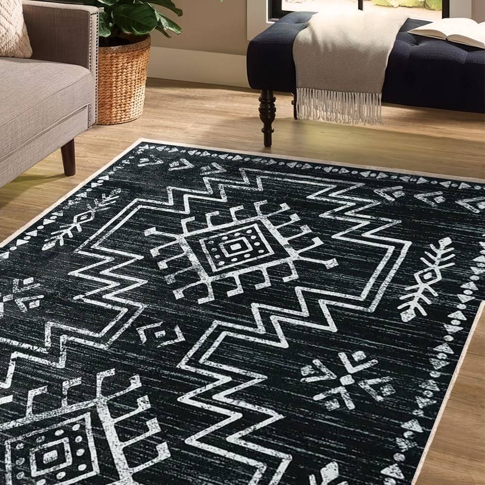 Monochrome Ethnic Aztec Geometric Area Rug Pattern LUX59