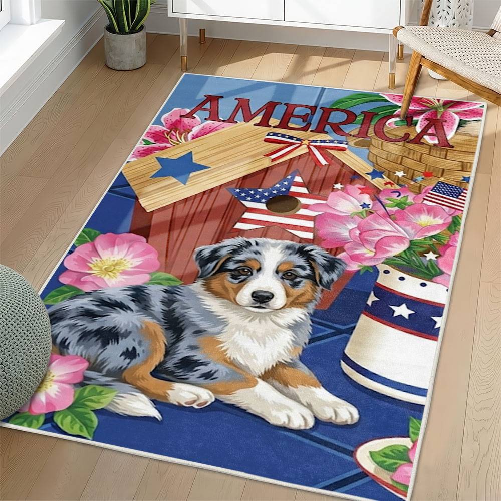 Personalized 4th of July Area Rug Australian Shepherd Dog Patriotic Non-Slip Carpet Home Decor Gift 4O7R18