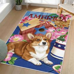 Personalized 4th of July Area Rug Corgi Dog Patriotic Non-Slip Carpet Home Decor Gift 4O7R27