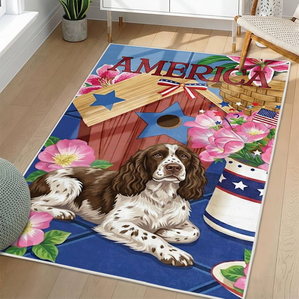 Personalized 4th of July Area Rug English Springer Spaniel Dog Patriotic Non-Slip Carpet Home Decor Gift 4O7R55