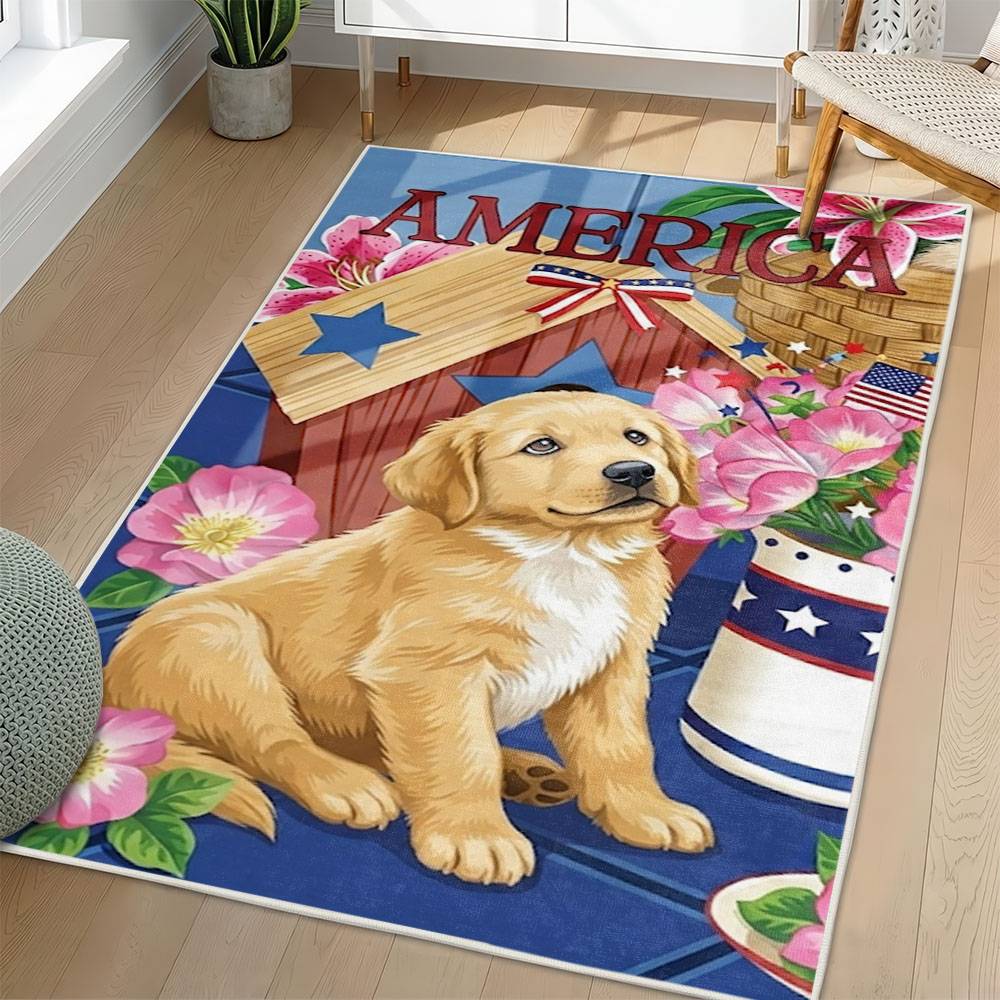 Personalized 4th of July Area Rug Golden Retriever Dog Patriotic Non-Slip Carpet Home Decor Gift 4O7R26