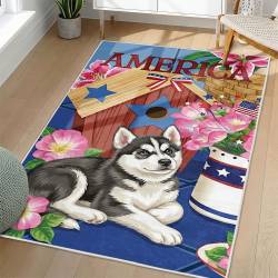 Personalized 4th of July Area Rug Husky Dog Patriotic Non-Slip Carpet Home Decor Gift 4O7R39