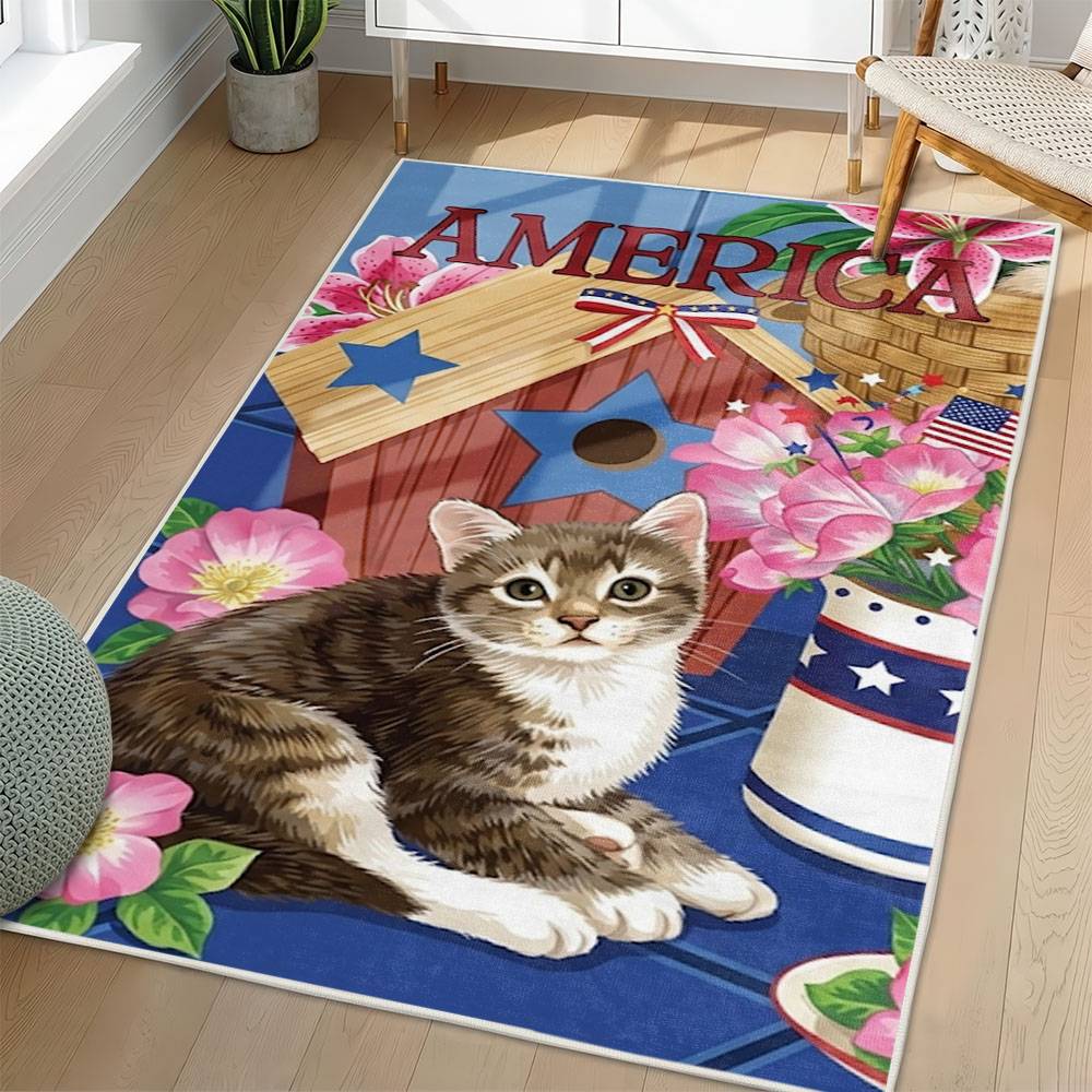 Personalized 4th of July Area Rug Kitty Cat Patriotic Non-Slip Carpet Home Decor Gift 4O7R73