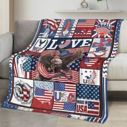 Personalized 4th of July Fleece Blanket Soft Plush American Eagle Patriotic Family Gift 4O7FB1