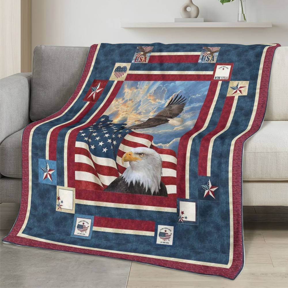 Personalized 4th of July Fleece Blanket Soft Plush American Eagle Patriotic Family Gift 4O7FB103