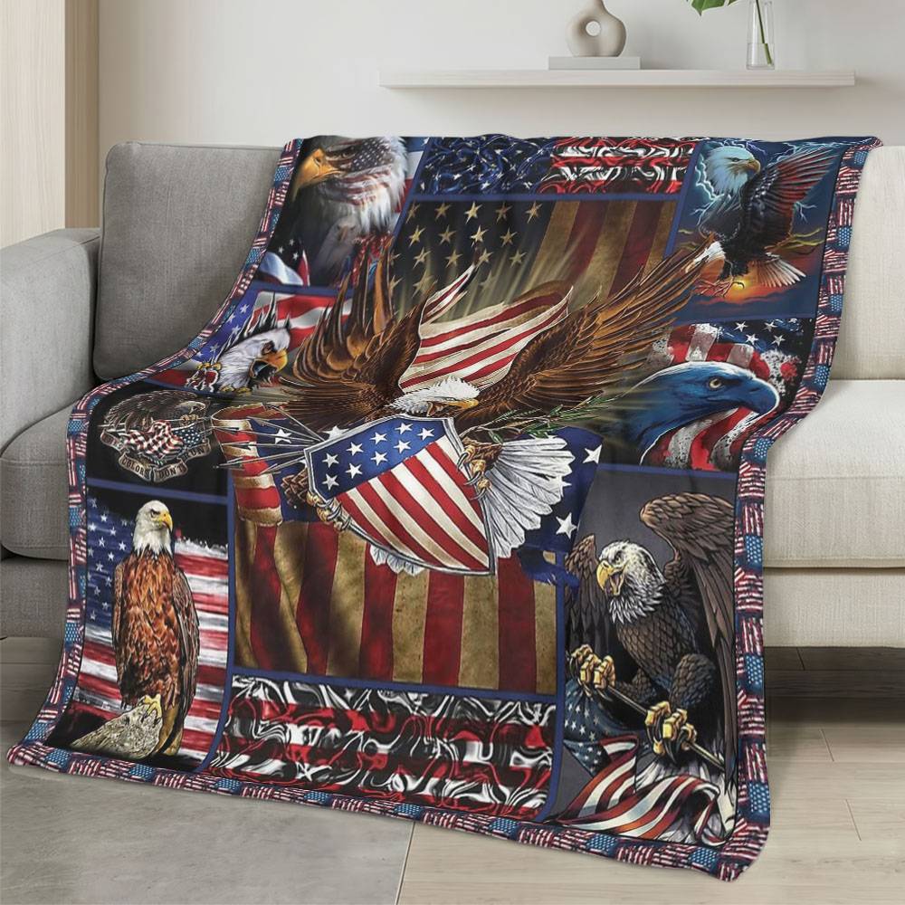Personalized 4th of July Fleece Blanket Soft Plush American Eagle Patriotic Family Gift 4O7FB25