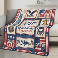 Personalized 4th of July Fleece Blanket Soft Plush American Eagle Patriotic Family Gift 4O7FB8