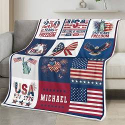 Personalized 4th of July Fleece Blanket Soft Plush American Eagle Patriotic Family Gift 4O7FB95