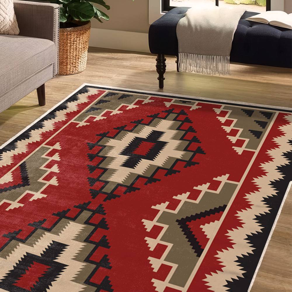 Red Black Geometric Aztec Area Rug Pattern LUX63