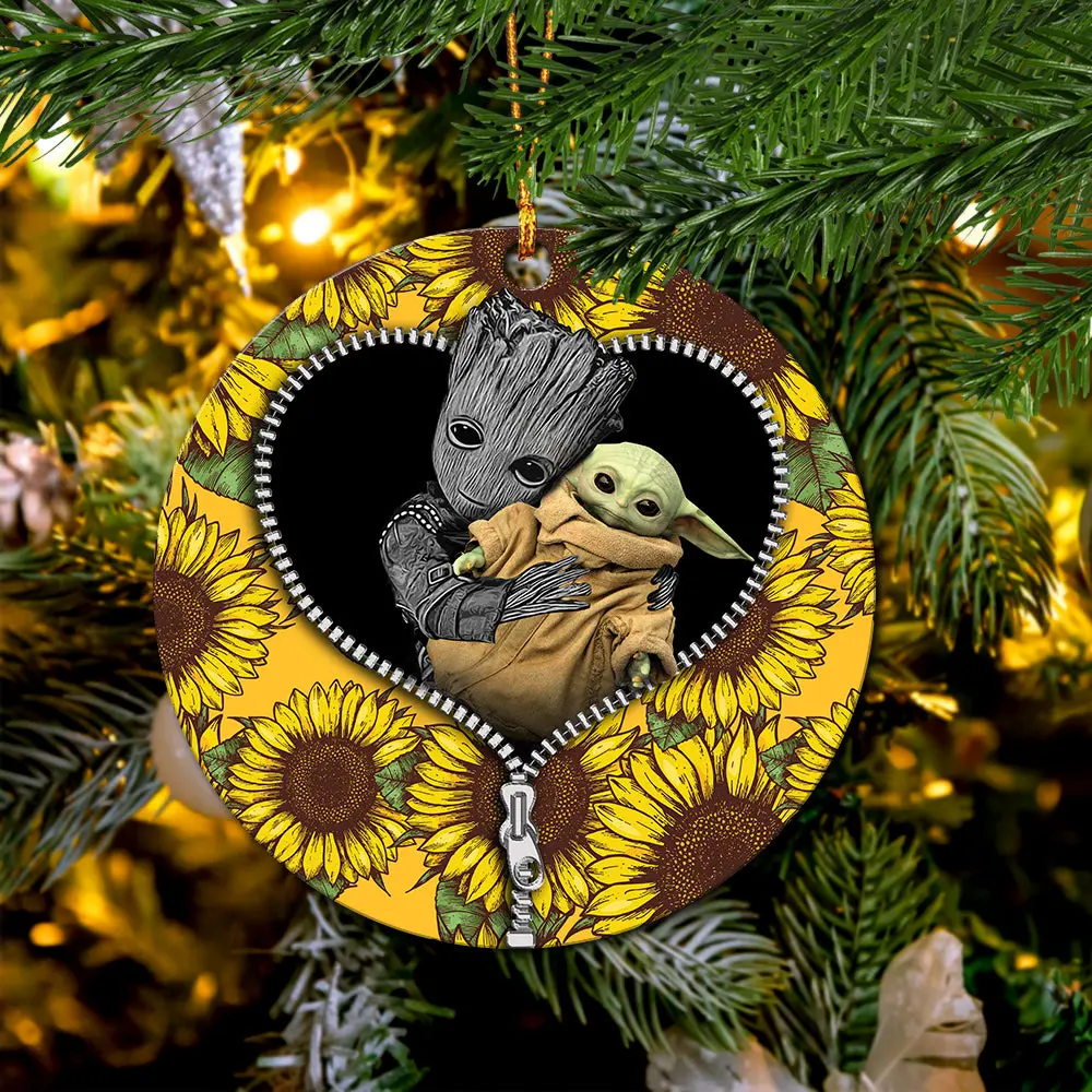 Baby Groot And Baby Yoda Sunflower Zipper Mica Circle Ornament Perfect Gift For Holiday Perfect Gifts For Family On Christmas